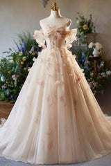 Elegant A-Line Tulle Floor Length Prom Dress, Champagne Off the Shoulder Party Dress
