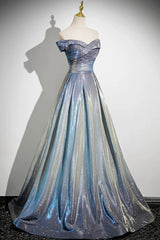 Blue Gradient A-Line Floor Length Prom Dress, Blue Off the Shoulder Evening Party Dress