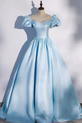 Blue Satin Long Prom Dress, Blue A-Line Scoop Neckline Short Sleeve Evening Dress