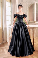 Black Satin Floor Length A-Line Prom Dress, Off the Shoulder Evening Party Dress