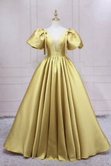 Yellow V-Neck Satin Long Prom Dress, A-Line Puff Sleeves Evening Party Dress
