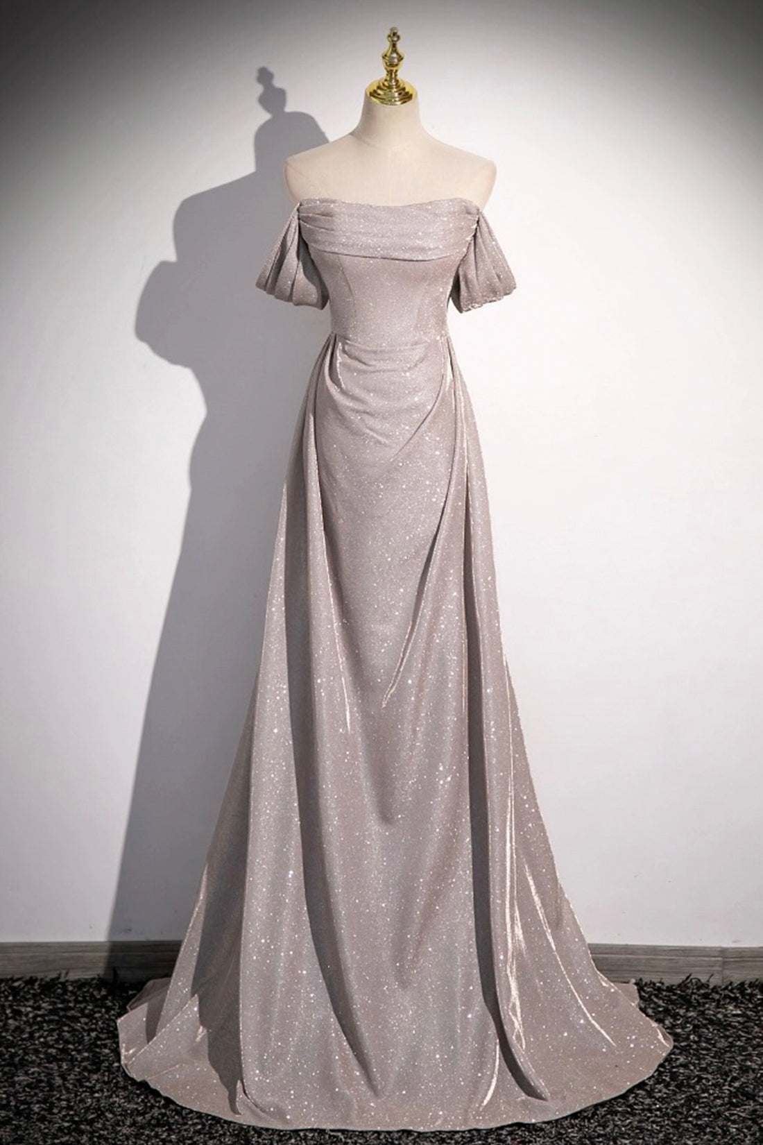 Grey Sequins Ruffle Long Party Dress, Off the Shoulder Short Sleeve Sweep Train Evening Dress