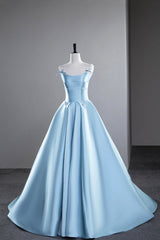Blue Satin Long Prom Dress, A-Line Spaghetti Strap Evening Party Dress