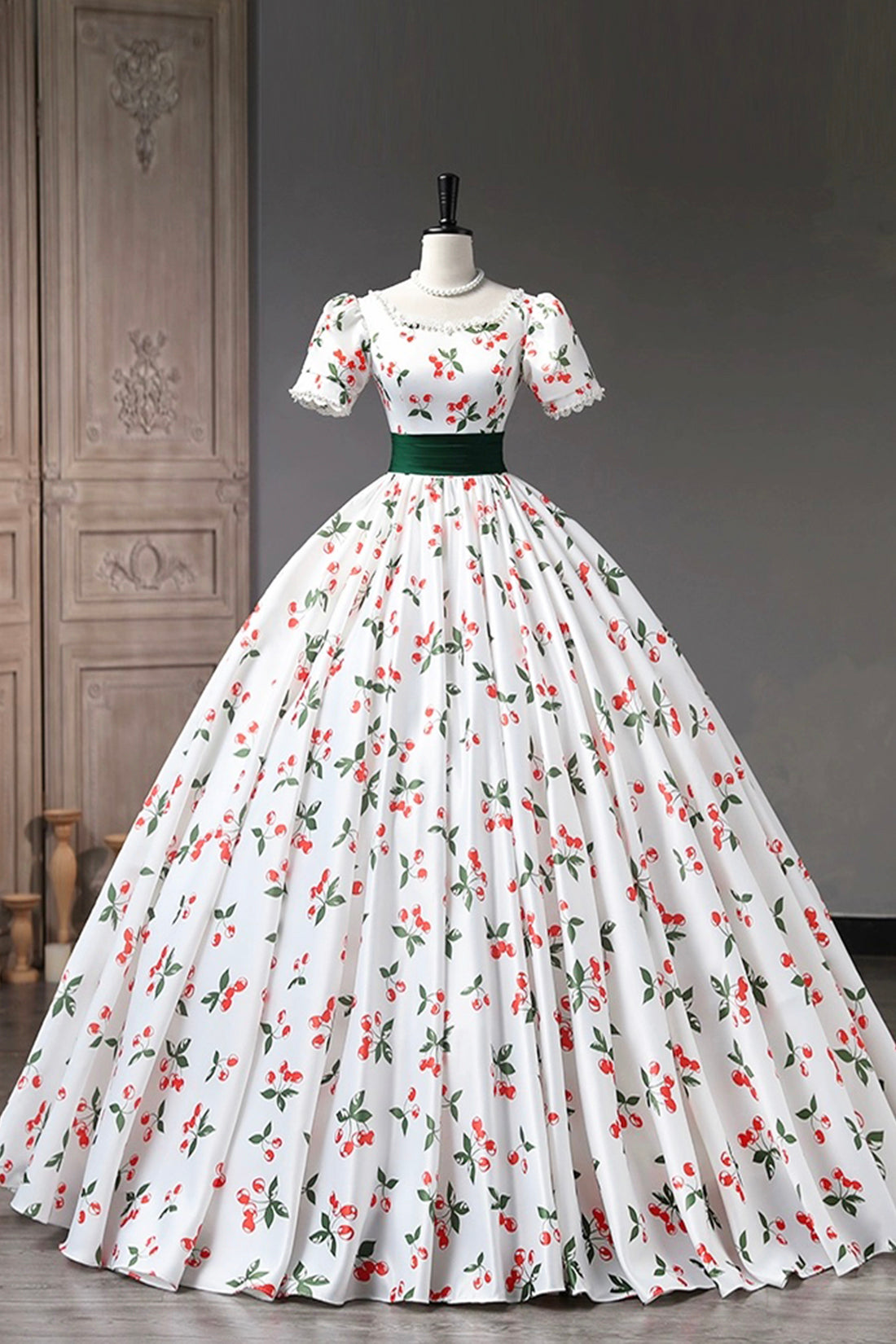 Cute Cherry Pattern Long Princess Prom Dress, White A-Line Evening Party Dress