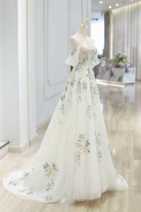 Beautiful Floral Lace Tulle Long Prom Dress, White Off the Shoulder Evening Party Dress