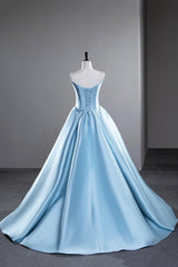 Blue Satin Long Prom Dress, A-Line Spaghetti Strap Evening Party Dress