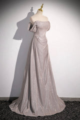 Grey Sequins Ruffle Long Party Dress, Off the Shoulder Short Sleeve Sweep Train Evening Dress