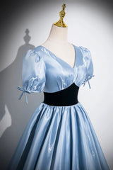 Blue Satin and Black Velvet Long Prom Dress, A-Line V-Neck Short Sleeve Evening Dress