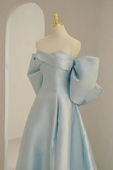 Blue Satin Long Prom Dress with Big Bow, Blue A-Line Evening Party Dress