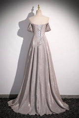 Grey Sequins Ruffle Long Party Dress, Off the Shoulder Short Sleeve Sweep Train Evening Dress
