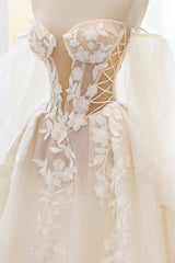 Champagne Lace Long A-Line Ball Gown, Off the Shoulder Evening Party Dress