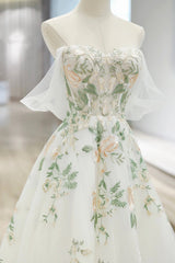 Beautiful Floral Lace Tulle Long Prom Dress, White Off the Shoulder Evening Party Dress