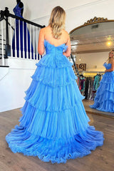 Blue Strapless Princess Tulle Layers Ruffles Long Prom Dress