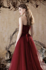 Burgundy Tulle Lace Long Prom Dress, A-Line Strapless Formal Evening Dress