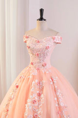 Pink Tulle Lace and Flowers Ball Gown Formal Dresses, Pink Long Sweet 16 Dresses
