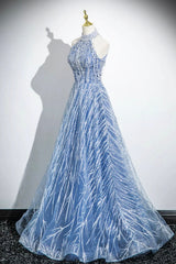 Elegant Tulle Sequins Floor Length Prom Dress, Blue Halter A-Line Evening Dress