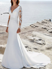 Wholesale Beach Formal Wedding Dresses Mermaid / Trumpet V Neck Long Sleeve Court Train Satin Bridal Gowns With Pleats Solid Color