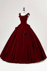 Burgundy Velvet Floor Length Prom Dress, A-Line Evening Party Dress with Flowers