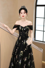 Black Tulle Lace Long Prom Dress, Black A-Line Off the Shoulder Evening Party Dress