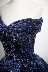 Dark Blue Sequins Long Prom Dress, Elegant A-Line Evening Party Dress