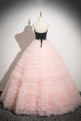 Ball Gown Strapless Pink Tulle Long Prom Dress, Beautiful Sweet 16 Dress