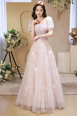 Beautiful A-Line Tulle Long Prom Dress, A-Line Short Sleeve Evening Party Dress