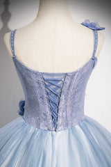 Blue Spaghetti Strap Tulle Floor Length Prom Dress, Pretty A-Line Evening Party Dress