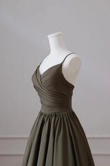 Olive Green Spaghetti Strap Satin Long Prom Dress, A-Line V Neck Party Dress