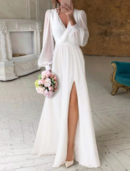 Reception Little White Dresses Simple Wedding Dresses A-Line V Neck Long Sleeve Floor Length Chiffon Bridal Gowns With Ruched