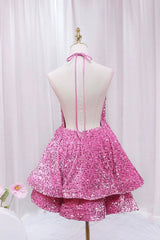 Pink V-Neck Sequins Short Prom Dress, Pink A-Line Backless Party Dress