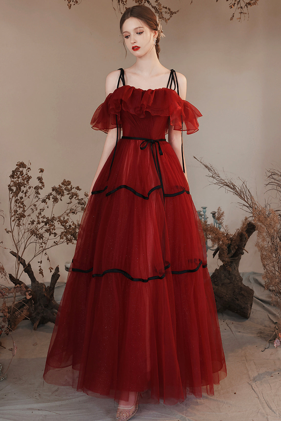 Burgundy Off Shoulder Tulle Long Prom Dresses, Burgundy Evening Party Dresses