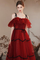 Burgundy Off Shoulder Tulle Long Prom Dresses, Burgundy Evening Party Dresses