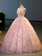 Pink Flower Long Princess Dress, Pink Strapless Formal Evening Dress