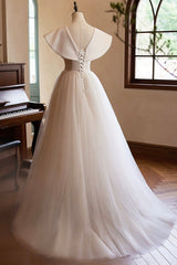 Lovely Champagne Long Prom Dresses, A-Line Princess V-Neck Bow Sleeveless Backless Formal Dresses