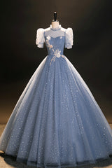 Blue Tulle Floor Length Prom Dress, A-Line Short Sleeve Evening Dress