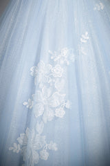 Blue Tulle Lace Long Prom Dress, Off the Shoulder Evening Party Dress