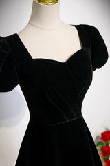 Black Velvet Short Sleeve Floor Length Prom Dress, Simple A-Line Evening Party Dress