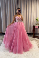 Pink Spaghetti Strap Tulle Lace Long Prom Dress, Beautiful A-Line Evening Party Dress