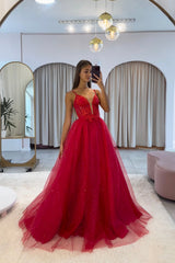 Dark Red V-Neck Tulle Spaghetti Strap Long Prom Dress with Lace