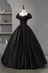 Black Satin Lace Long Prom Dress, A-Line Scoop Neckline Short Sleeve Evening Dress