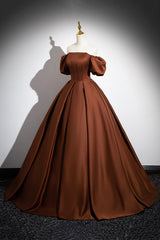 Brown Satin Long A-Line Prom Dress, Off the Shoulder Evening Party Dress