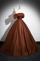 Brown Satin Long A-Line Prom Dress, Off the Shoulder Evening Party Dress