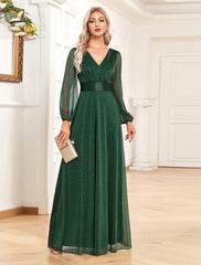 Aimishang  A-Line Evening Gown Sparkle & Shine Dress Formal Wedding Party Dress Floor Length Long Sleeve V Neck Chiffon with Sequin
