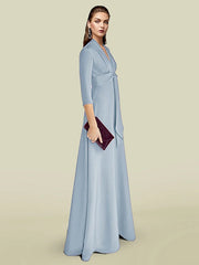 A-Line Mother of the Bride Dress Elegant V Neck Floor Length Charmeuse 3/4 Length Sleeve