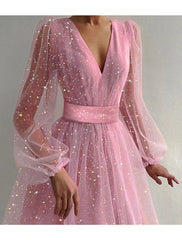 Women's Party Dress Homecoming Dress Holiday Dress Midi Dress Pink Apricot Long Sleeve Pure Color Mesh Summer Spring Fall V Neck Romantic Party Winter Dress Birthday