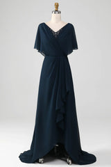 A-Line V-Neck Asymmetrical Sequins Mother of the Bride Dress With Beading