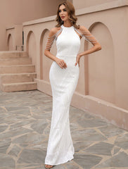 Mermaid / Trumpet Wedding Guest Dresses Sparkle & Shine Dress Halloween Evening Party Floor Length Sleeveless High Neck Sequined with Fringe Beading