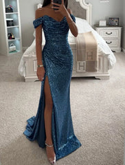 Mermaid / Trumpet Prom Dresses Sparkle Dress Formal Evening Party Sweep / Brush Train Sleeveless Cowl Neck Sequined with Ruched Sequin Slit