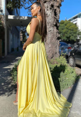 Yellow V-Neck Satin Long Prom Dresses, Simple A-Line Evening Dresses
