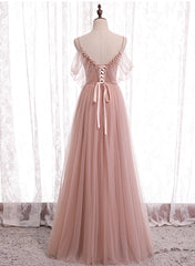 Pink Tulle Long Prom Dresses, A-Line Evening Party Dresses